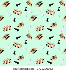 Seamless chessboard pattern. Chess piece background. Chess pawn and rook background. Knight and Bishop background. King and Queen icon texture.