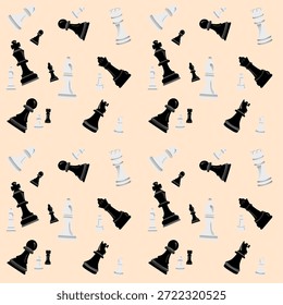 Seamless chessboard pattern. Chess piece background. Chess pawn and rook background. Knight and Bishop background. King and Queen icon texture.
