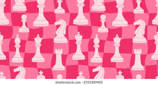 Seamless chess-themed pattern with classic chess pieces on a pink checkered background. Perfect for romantic, y2k 2000s modern designs. Valentine's day. 14 february. Geometric background. Love, XOXO.