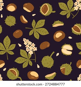 Patrón de castaño sin fisuras con castaño dibujado a mano y hojas en un estilo de dibujos animados planos. Lindo diseño botánico para textiles, papel de embalaje, productos para niños y fondos de temática natural.
