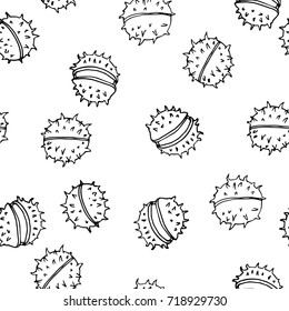 Seamless chestnut seeds vector pattern. Autumn background for backdrop, textile, wrapping paper. Black and white hand drawn illustration