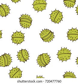 Seamless chestnut seeds vector pattern. Autumn background for backdrop, textile, wrapping paper. Green and white hand drawn illustration