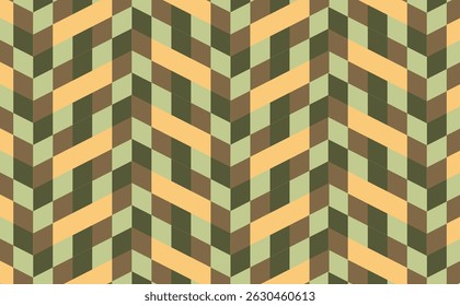 Seamless chevron pattern with earth tone blocks in olive, tan, and brown. Perfect for vintage textiles, interior walls, packaging, and crafts.