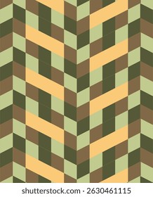 Seamless chevron pattern with earth tone blocks in olive, tan, and brown. Perfect for vintage textiles, interior walls, packaging, and crafts.