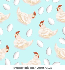 Seamless chicken and egg pattern on a light turquoise background.Vector pattern can be used in textiles, postcards, egg packages.