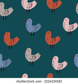 Seamless chicken pattern with colorful chicken on green background.wallpaper,textiles and print.