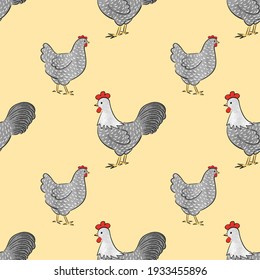 Seamless chicken pattern with farm birds - roosters and hens. Vector poultry illustration