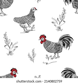 Seamless chicken pattern with farm birds  roosters and hens. Vector poultry illustration