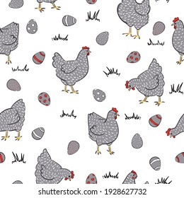 Seamless chicken pattern with hens and colored eggs. Ester vector illustration.