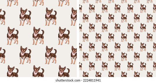 Seamless Chihuahua dog pattern, holiday texture. Light Packaging, textile, decoration, wrapping paper. Trendy hand-drawn funny breed wallpaper. Fun seamless happy standing toy dog square pattern. 