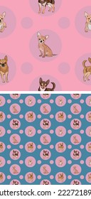 Seamless Chihuahua dog pattern, holiday texture. Square format. Pink, blue packaging, textile, fabric, decoration, wrapping paper.Trendy hand-drawn dogs wallpaper. Holiday background with circles.