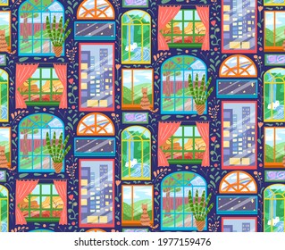 Seamless child bright texture of various windows with a floral pattern on dark blue background. Wallpaper with Facade with windows with different views. Vector pattern with elements of architecture