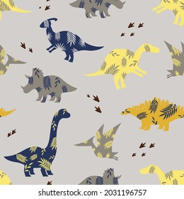 Seamless child dino pattern. Color silhouettes of dinosaurs on a gray background. Backdrop for wallpaper, textile, fabric, wrapping.