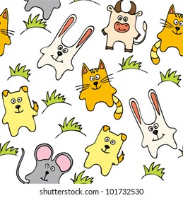 Seamless child pattern with animal including cat, dog, rabbit and cow