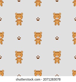 Seamless child pattern of cartoon gingerbread tiger animals for wrapper or wallpaper. Vector flat illustration
