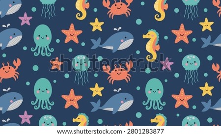 Seamless child pattern of cute marine animals including blue whales, green octopuses, crabs, and seahorses on blue.