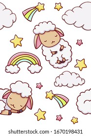patrón infantil impecable, nubes y estrellas de ovejas lindas, dibujadas a mano con fondo blanco