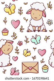 seamless child pattern, cute sheep loveday, hand drawn on white background