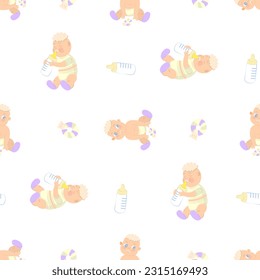Seamless child pattern. Feeding new baby bottle and toy background with sitting and eating infant