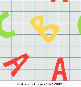 Seamless childish background with letters abc and grid notebook background. Vector simple colorful texture