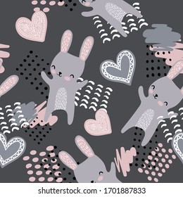 
Seamless childish background with rabbit, hearts. Creative Scandinavian children's textures for fabric, packaging, textiles, wallpaper, clothes. Vector illustration