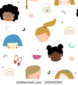 Seamless childish with beautiful faces of girls in a simple style. Creative children's textures for fabrics, packaging, textiles, wallpaper, clothing. Vector illustration