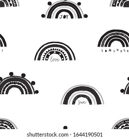 Seamless childish black white pattern with trendy rainbows. Creative scandinavian gender-neutral kids background for fabric, wrapping, textile, wallpaper, apparel. Vector illustration