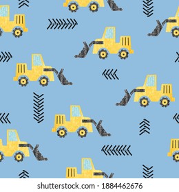 Patrón de bulldozer de caricatura infantil sin foco. Fondo de construcción.