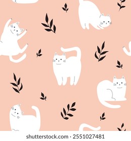 Seamless childish  Cartoon cats pattern on pink background.