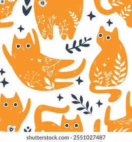 Seamless childish cartoon orange cats pattern on white background.