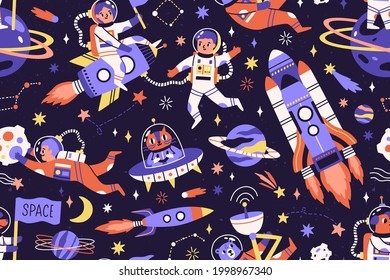 Seamless childish cosmic pattern with cute animals, cosmonauts and spaceships in space. Repeating texture with astronauts and rockets in universe. Colored flat vector illustration of cosmos background