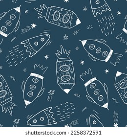 Nahtlose kindische kosmische Muster mit süßen Raketen und Sternen im All. Wiederholt Textur-Dodle-Universum. Farbige, flache Vektorgrafik von Kosmos-Hintergrund.