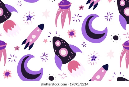 Seamless childish cosmos pattern with stars, moon, shuttle and satellite on white background. Vector cartoon texture of the universe with dots. Vector hand drawn wallpaper of space