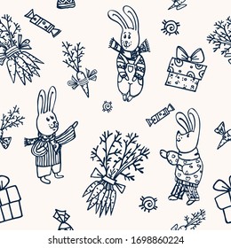 Seamless, childish, cute pattern. Funny hares in warm clothes with a bouquet of carrots and boxes with gifts. Scandinavian style. Hand-drawn. Doodle vector graphics.