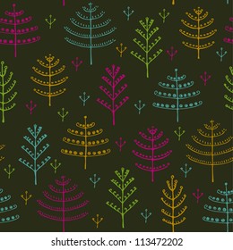 Seamless childish cute pattern with ornamental trees. Forest seamless colorful texture