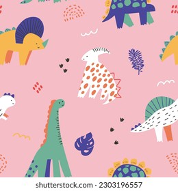 Seamless childish dino pattern. Cute dinosaurs characters texture. Hand drawn dino design. Vector illustration