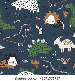 Seamless childish dino pattern. Cute dinosaurs cartoon characters texture. Hand drawn dino design. Vector illustration