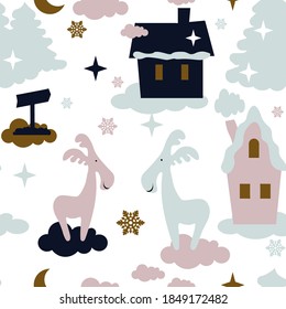 
Seamless childish drawing with funny animals, houses, trees. Creative Scandinavian baby texture for fabric, packaging, textile, wallpaper, clothing. Vector illustration