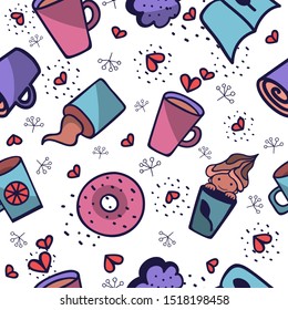 Seamless childish figure hand-drawn pattern. Cozy pretty autumn objects. Baking, sweets,  and coffee. Used for printing on paper and wallpaper. Vector illustration in cartoon style.