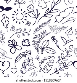 Seamless childish figure hand-drawn pattern. Cozy pretty autumn objects.Different leaves, flowers and butterflies. Used for printing on paper and wallpaper. Vector illustration in cartoon style.