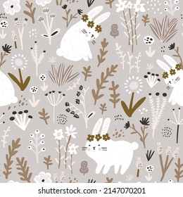 Patrón floral infantil impecable con conejos dibujados a mano adorables. Niños creativos textura dibujada a mano para tela, envoltura, textil, papel pintado, ropa. Ilustración del vector