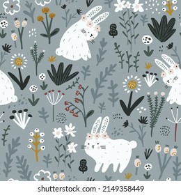 Seamless childish floral pattern with cute hand drawn rabbits. Creative kids hand drawn texture for fabric, wrapping, textile, wallpaper, apparel. Vector illustration