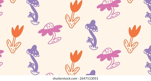 Seamless childish floral pattern with hand drawn Mushrooms, Tulips, Fantasy Flowers. Pink orange violet elements on light background. Vector flat graphic illustration for kids textile or wallpaper.