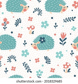 Seamless childish floral pattern of  hedgehogs, chia dots and flowers. Trendy scandinavian kids vector background for wrapping paper, textile, fabric, invitation, nursery