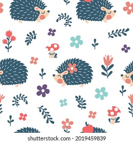 Seamless childish floral pattern of  hedgehogs and flowers. Trendy scandinavian kids vector background for wrapping paper, textile, fabric, invitation, nursery