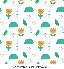 Patrón veraniego floral infantil inmaculado. El estilo de dibujo vectorial es plano sobre un fondo blanco aislado. Ropa de cama, estampado en tela, cubiertas