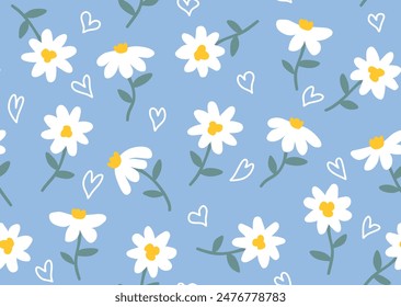 Seamless childish flower pattern on blue background illustration. 