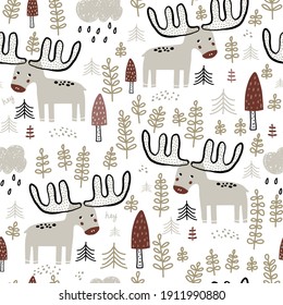 Seamless childish forest pattern with cute moose. Perfect for fabric,textile. Creative Vector background