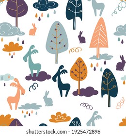 Seamless childish forest pattern with cute multicolored elk, trees. Ideal for baby fabrics, textiles, covers. Creative vector background