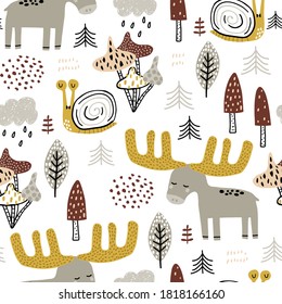 Seamless childish forest pattern with moose, snail. Creative kids woodland texture for fabric, wrapping, textile, wallpaper, apparel. Vector illustration